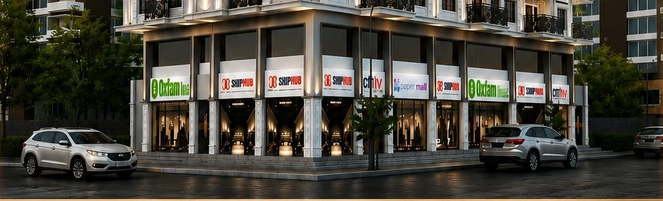 Ground-level commercial spaces shown in the project rendering